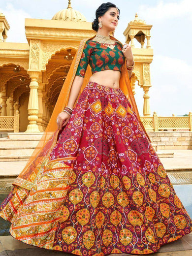 Outstanding Red Digital Printed Silk Lehenga Choli With Dupatta